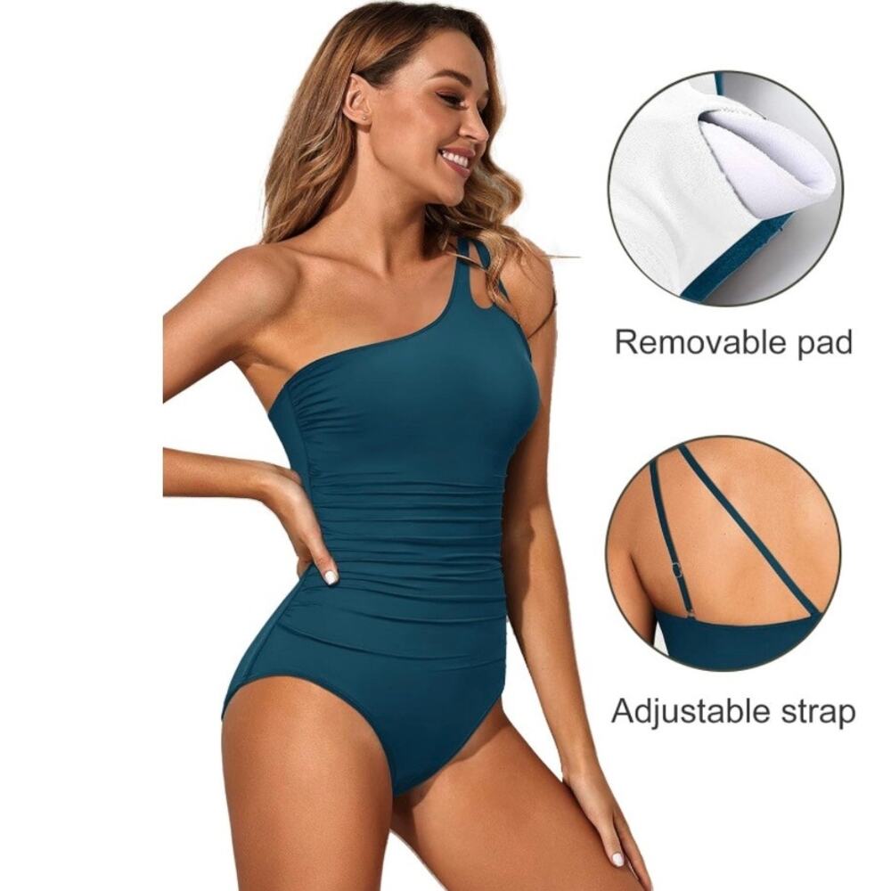 Holipick Women Teal One Shoulder Tummy Control One Piece Swimsuit M NWT - Picture 5 of 7